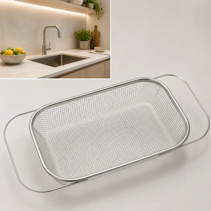 Stainless Steel Expandable Over-The-Sink Colander Strainer Basket with Handles - Rectangular Fine Mesh Kitchen Utensil, Essential Kitchen Supply