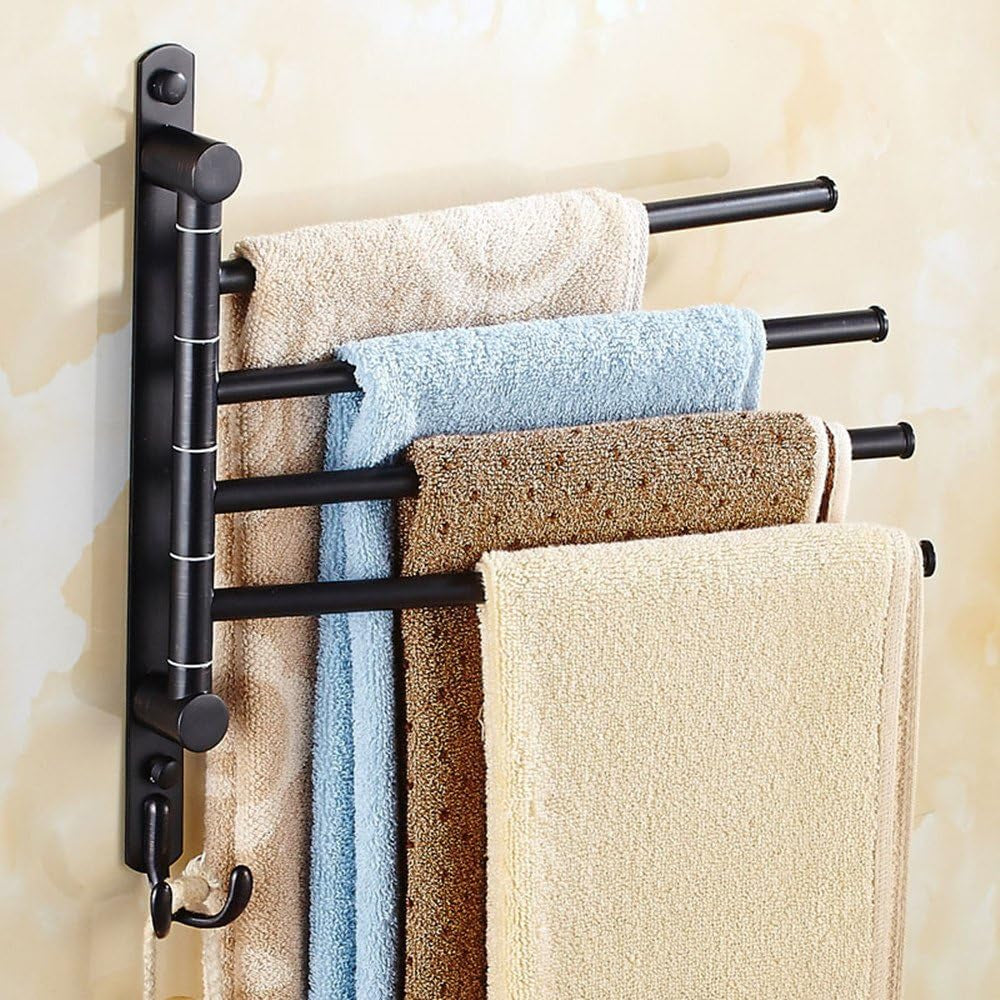 Oil Rubbed Bronze Wall-Mounted Swivel Towel Rack Holder with Hooks - 4-Arm Design for Bathroom