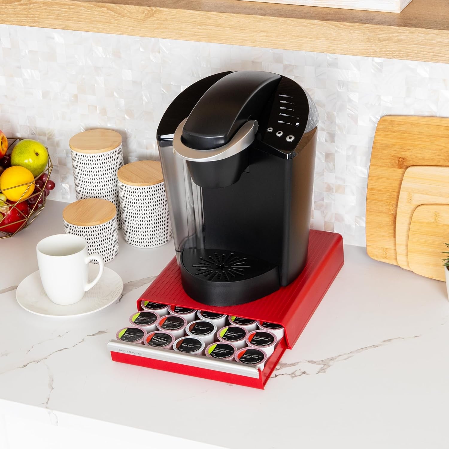 Single Serve Coffee Capsule Organizer, 30-Pod Capacity, 5-Row Design with 2-Inch Dividers, Countertop Storage Base (Coffee Maker Not Included), Red