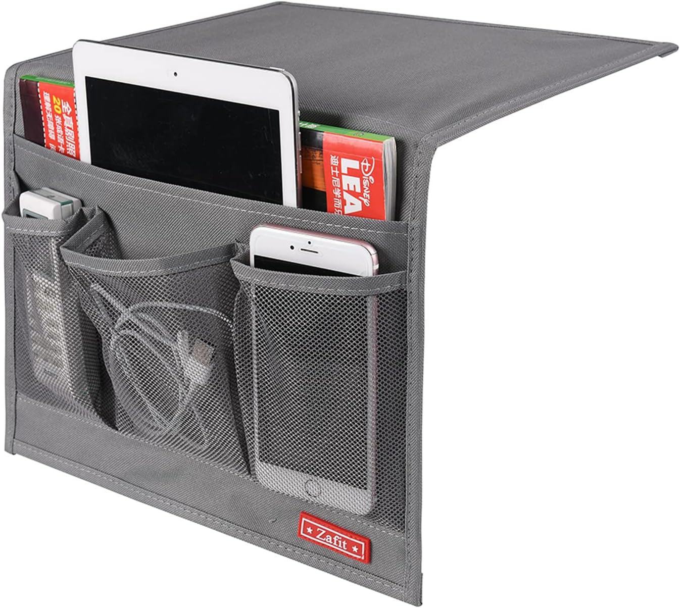 Bedside Storage Organizer with 4 Pockets - Classic Grey Table Cabinet for Remotes, Phones, and Glasses