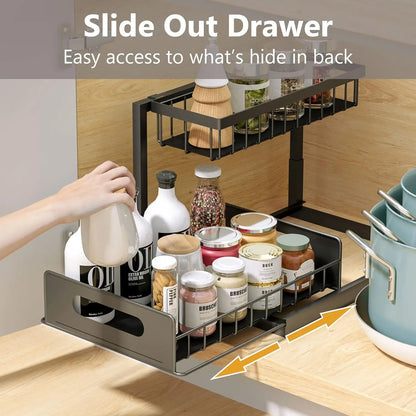 L-Shaped Pull-Out Under Sink Organizer - 2-Tier Sturdy Metal Storage Solution for Kitchen and Bathroom, Rustproof and Easy to Install, Ideal for Spices and Snacks, Black