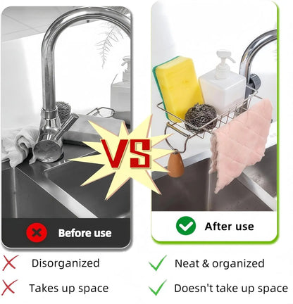 Stainless Steel Over-Faucet Sink Organizer, Rectangle Durable Steel Stand, Adjustable Multifunctional Kitchen Organizers, 360-Degree Rotation No-Drill Holder for Bathroom & Kitchen