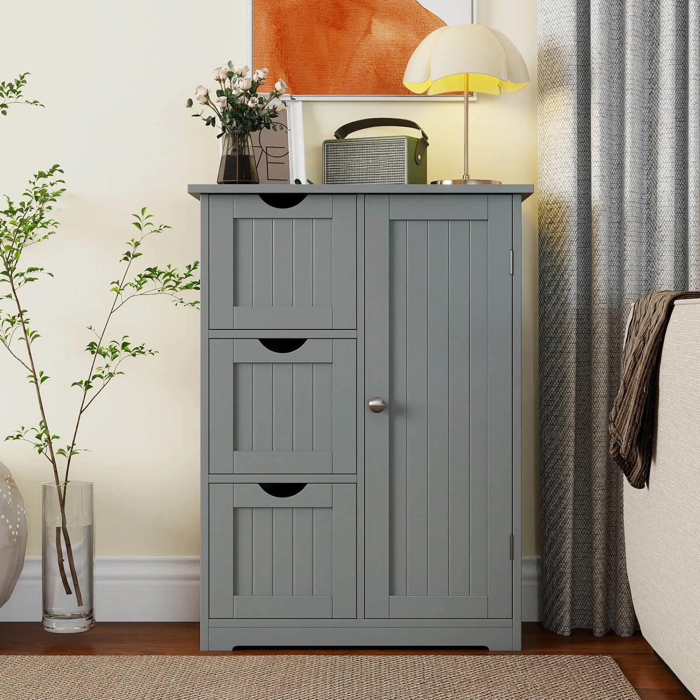 Grey Bathroom Floor Cabinet with Three Drawers and One Cupboard for Side Storage