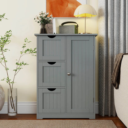 Grey Bathroom Floor Cabinet with Three Drawers and One Cupboard for Side Storage