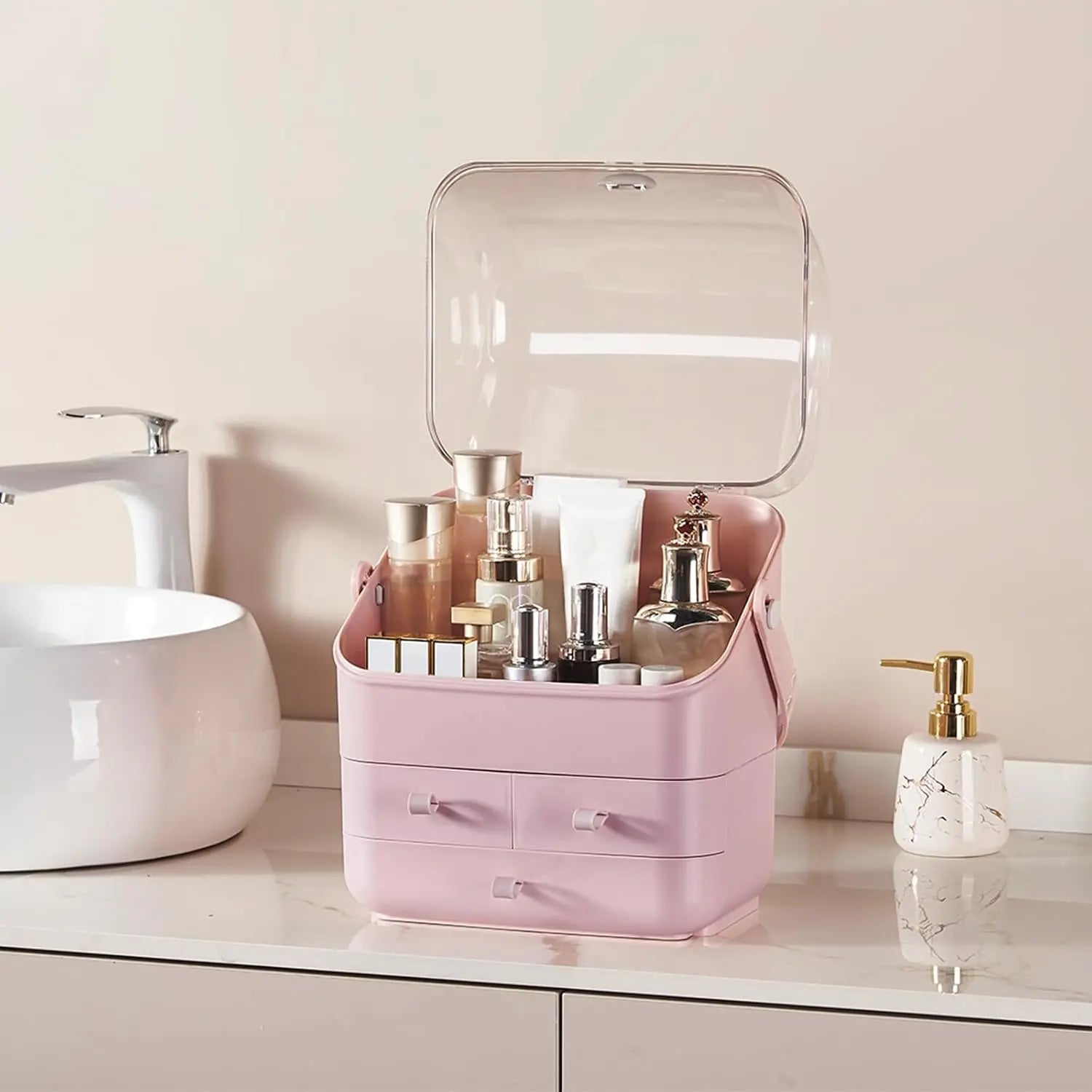 Deluxe Makeup Organizer with Drawers - Elegant Vanity Storage Solution for Makeup and Skincare Products