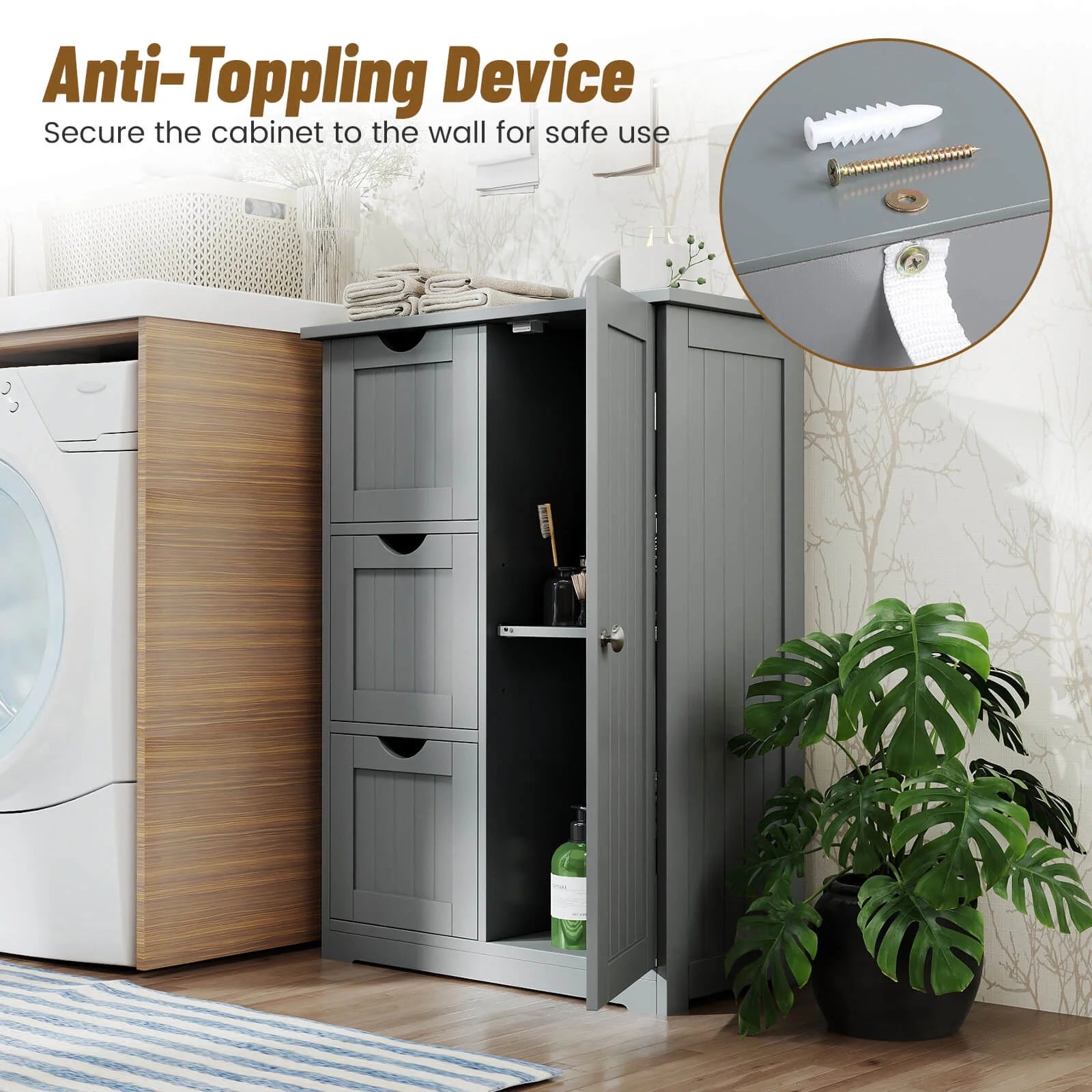 Grey Bathroom Floor Cabinet with Three Drawers and One Cupboard for Side Storage